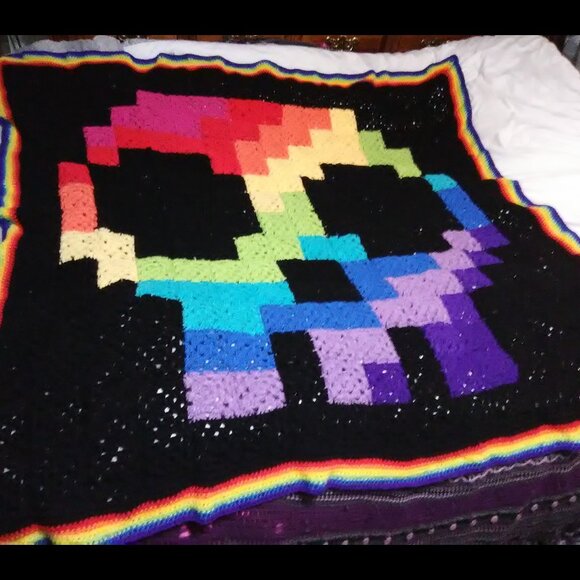 Handmade Other - Granny Square rainbow pixel skull blanket